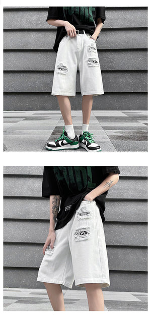 Ripped Hole Patchwork Knee Length Shorts , - Streetwear Shorts - Slick Street