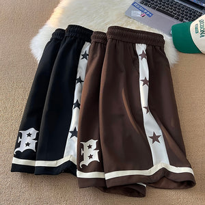 B Letter Drawstring Stars Patchwork Shorts , - Streetwear Shorts - Slick Street