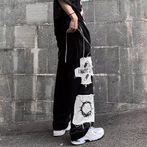 AM Black Hole Patchwork Straight Leg Pants , - Streetwear Pants - Slick Street