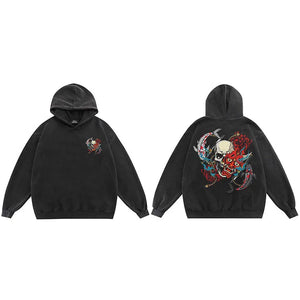 Black Oni Mask Skull Devil Graphic Hoodie Black, S - Streetwear Hoodie - Slick Street
