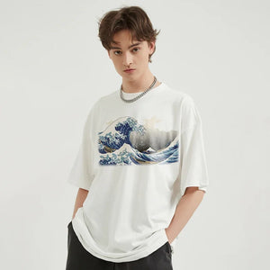 Ivory Tsunami Big Waves Graphic Loose T-Shirt , - Streetwear T-Shirts - Slick Street