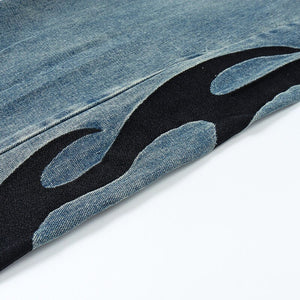 HTH Flame Embroidery Blue Denim Pants , - Streetwear Pants - Slick Street