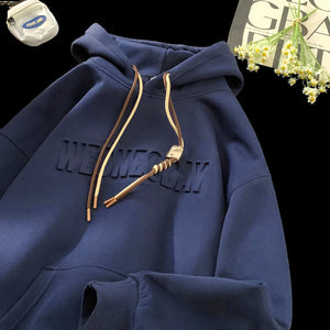 Drawstring Wednesday Embossed Letters Hoodie Navy Blue, XS - Streetwear Hoodie - Slick Street