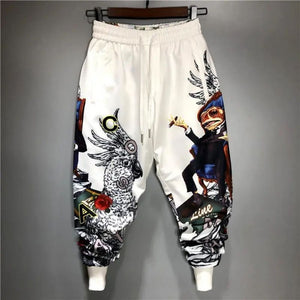 Alphabetic Letter Anime Patchwork Pants White, S - Streetwear Pants - Slick Street