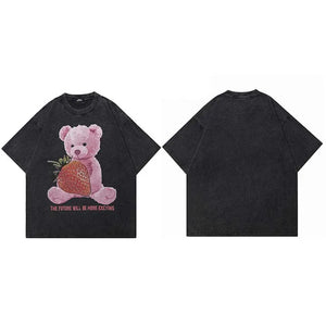 Coal Black Strawberry Stuffed Bear Visual T-Shirt Black, S - Streetwear T-Shirts - Slick Street