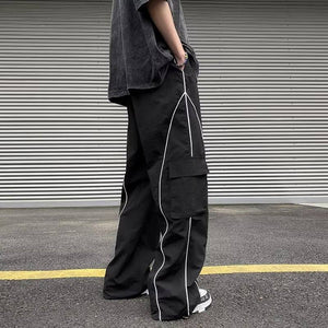 StripeLine- Baggy Black Cargo Pants , - Streetwear Cargo Pants - Slick Street