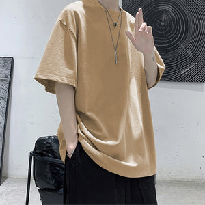 Loose Round Neck Plain T-Shirt Khaki, S - Streetwear T-Shirts - Slick Street