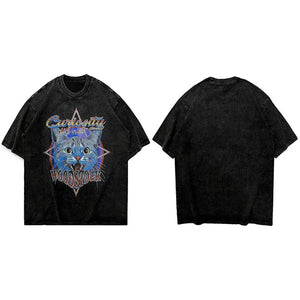 Curiosity Did Not Woodstock Star Cat T-Shirt Black, M - Streetwear T-Shirts - Slick Street
