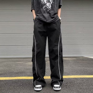 StripeLine- Baggy Black Cargo Pants , - Streetwear Cargo Pants - Slick Street