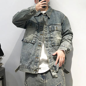 Tied Die Lapel Button Up Jean Jacket , - Streetwear Pants - Slick Street