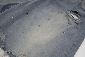 Rhinestone Denim Ripped Shorts , - Streetwear Shorts - Slick Street