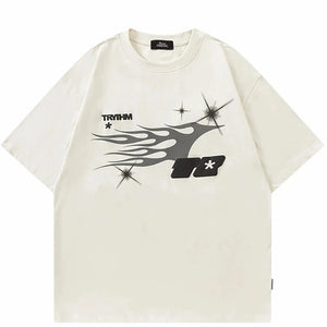 Warrior Fire Flame Graphic Loose T-Shirt Beige, M - Streetwear T-Shirts - Slick Street