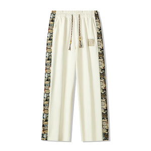 Bear Embroidery Straight-leg Pants Beige, M - Streetwear Pants - Slick Street
