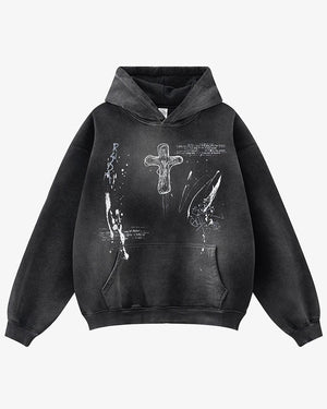 Crucifix Cross Graphic Pullover Hoodie Black, S - Streetwear Hoodie - Slick Street