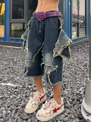 Blue Denim Tassel Star Shorts , - Streetwear Shorts - Slick Street