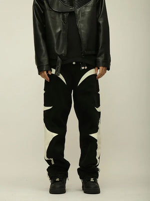 Crescent Embroidery Patchwork Baggy Pants , - Streetwear Pants - Slick Street