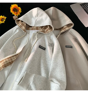 Plain Color Zip-up Loose Hoodie , - Streetwear Hoodie - Slick Street