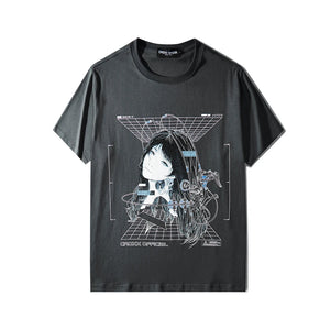 Streetwear Robotic Anime Girl Loose T-Shirt Gray, M - Streetwear T-Shirts - Slick Street