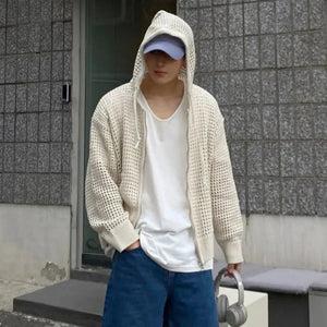 Hollow Knitted Cardigan Long Sleeve Hooded , - Streetwear Hoodie - Slick Street