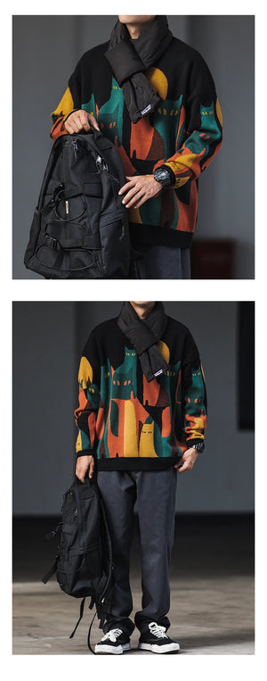 Moonnight Cat Abstract Crew Neck Sweater , - Streetwear Sweater - Slick Street