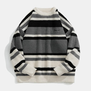 Stripe Embroidery Crochet Sweater Gray, M - Streetwear Sweater - Slick Street