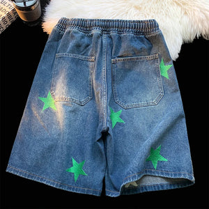 Five-point Star Patchwork Elastic Waist Shorts , - Streetwear Shorts - Slick Street