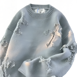 Ripped Y2K Two Shaded Cross Fringed Sweater , - Streetwear Sweater - Slick Street
