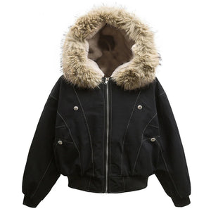 Fur Collar Parka Fleece Jacket Black, M - Streetwear Jacket - Slick Street