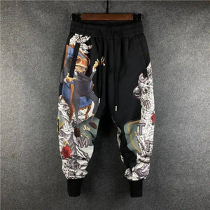 Alphabetic Letter Anime Patchwork Pants Black, S - Streetwear Pants - Slick Street