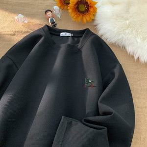 Drawstring Waffle Long Sleeve Pullover Shirt Black, XS - Streetwear Sweatshirts - Slick Street