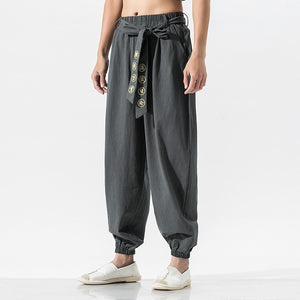 Japanese Embroidered Ribbon Tie Style Pants XS, Dark gray - Streetwear Pants - Slick Street