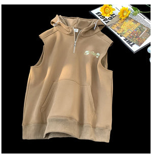 Workout Sleeveless Half-Zip Style Hoodie Camel, XS - Streetwear Hoodie - Slick Street