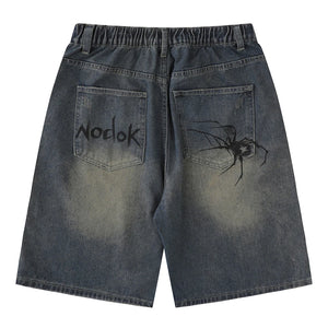 Nodok Spider Cobweb Blue Jean Shorts , - Streetwear Shorts - Slick Street