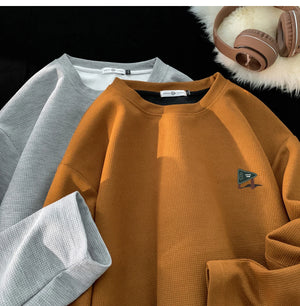 Drawstring Waffle Long Sleeve Pullover Shirt , - Streetwear Sweatshirts - Slick Street