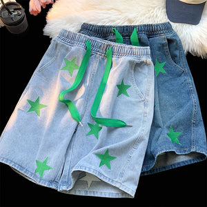 Five-point Star Patchwork Elastic Waist Shorts , - Streetwear Shorts - Slick Street