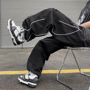 StripeLine- Baggy Black Cargo Pants , - Streetwear Cargo Pants - Slick Street