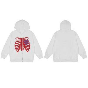 VERBLEE Rib Cage Graphic Zipper Hoodie White, M - Streetwear Hoodie - Slick Street