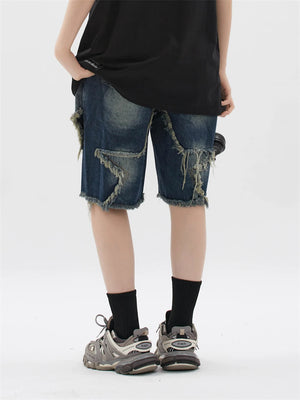 Blue Denim Tassel Star Shorts , - Streetwear Shorts - Slick Street