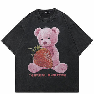 Coal Black Strawberry Stuffed Bear Visual T-Shirt , - Streetwear T-Shirts - Slick Street