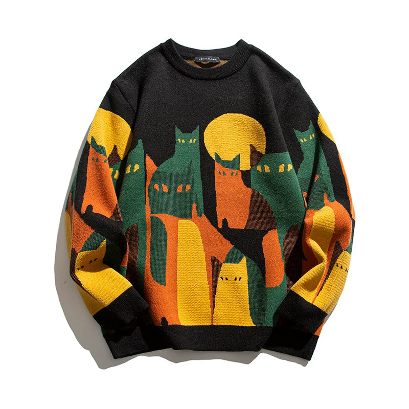 Moonnight Cat Abstract Crew Neck Sweater Black, XS - Streetwear Sweater - Slick Street