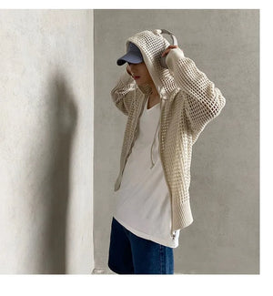 Hollow Knitted Cardigan Long Sleeve Hooded , - Streetwear Hoodie - Slick Street