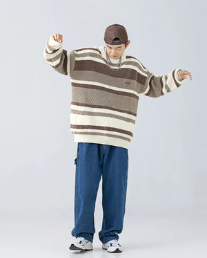 Stripe Embroidery Crochet Sweater , - Streetwear Sweater - Slick Street
