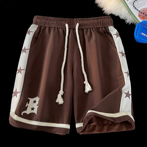 B Letter Drawstring Stars Patchwork Shorts brown, M - Streetwear Shorts - Slick Street