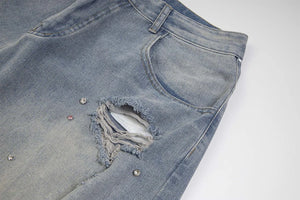 Rhinestone Denim Ripped Shorts , - Streetwear Shorts - Slick Street