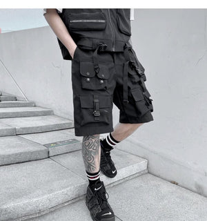 Darkwear Multiple Cargo Buckles Pockets Shorts , - Streetwear Shorts - Slick Street