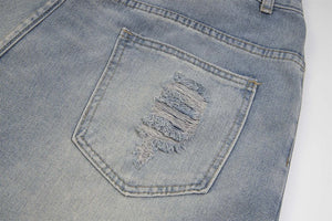 Rhinestone Denim Ripped Shorts , - Streetwear Shorts - Slick Street