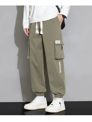 Plain Color Drawstring Knee Cargo Pocket Pants , - Streetwear Pants - Slick Street