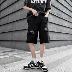 Ripped Hole Patchwork Knee Length Shorts , - Streetwear Shorts - Slick Street