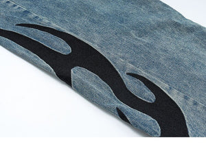 HTH Flame Embroidery Blue Denim Pants , - Streetwear Pants - Slick Street