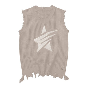 Solid Star Knitted Ripped Vest Khaki, S - Streetwear Vest - Slick Street